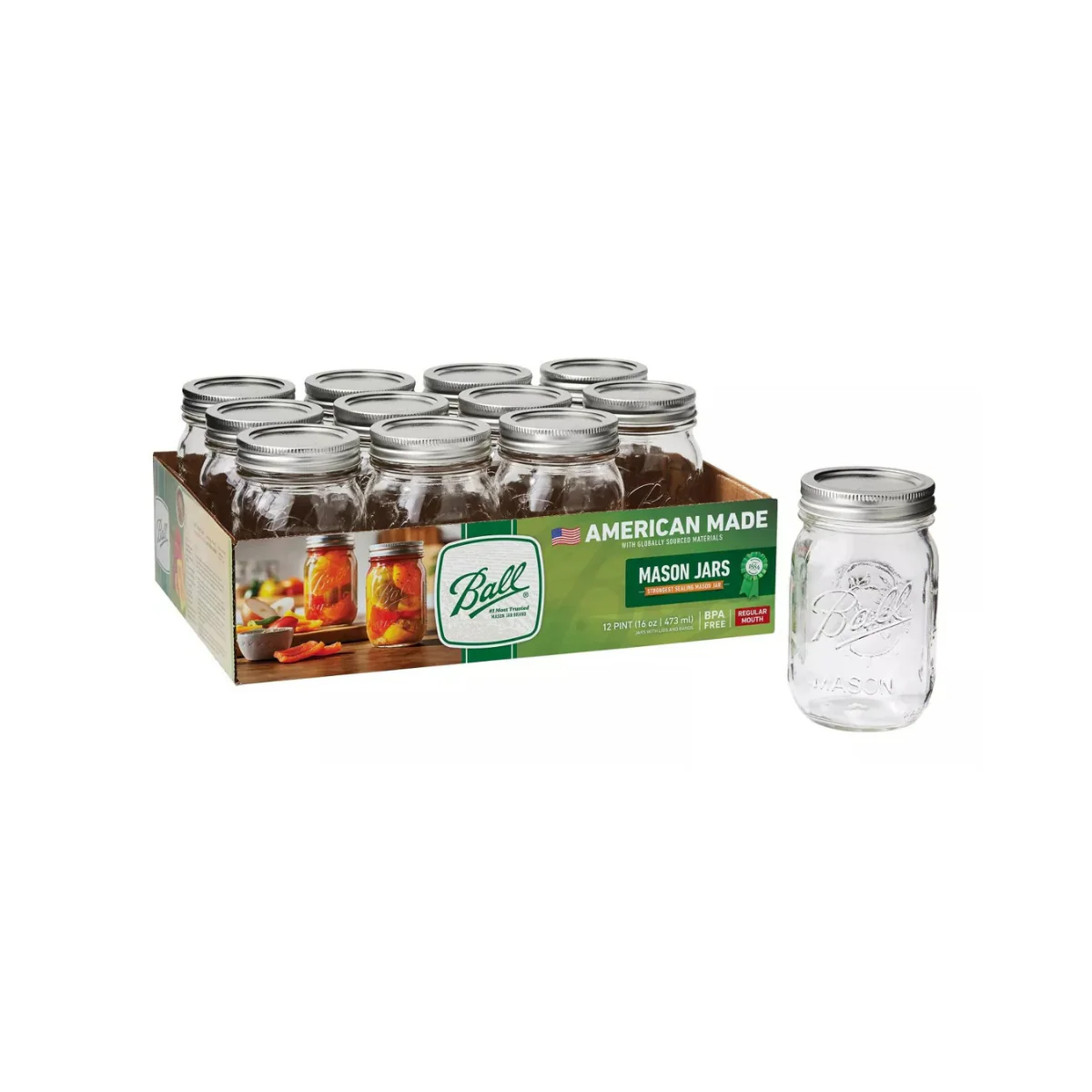 Ball 16oz Glass Regular Mouth Mason Jar with Lid and Band 12c