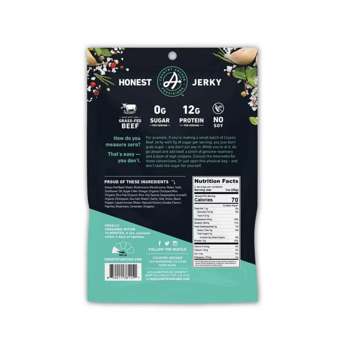 Country Archer Zero Sugar Classic Beef Jerky 2oz - Image 2