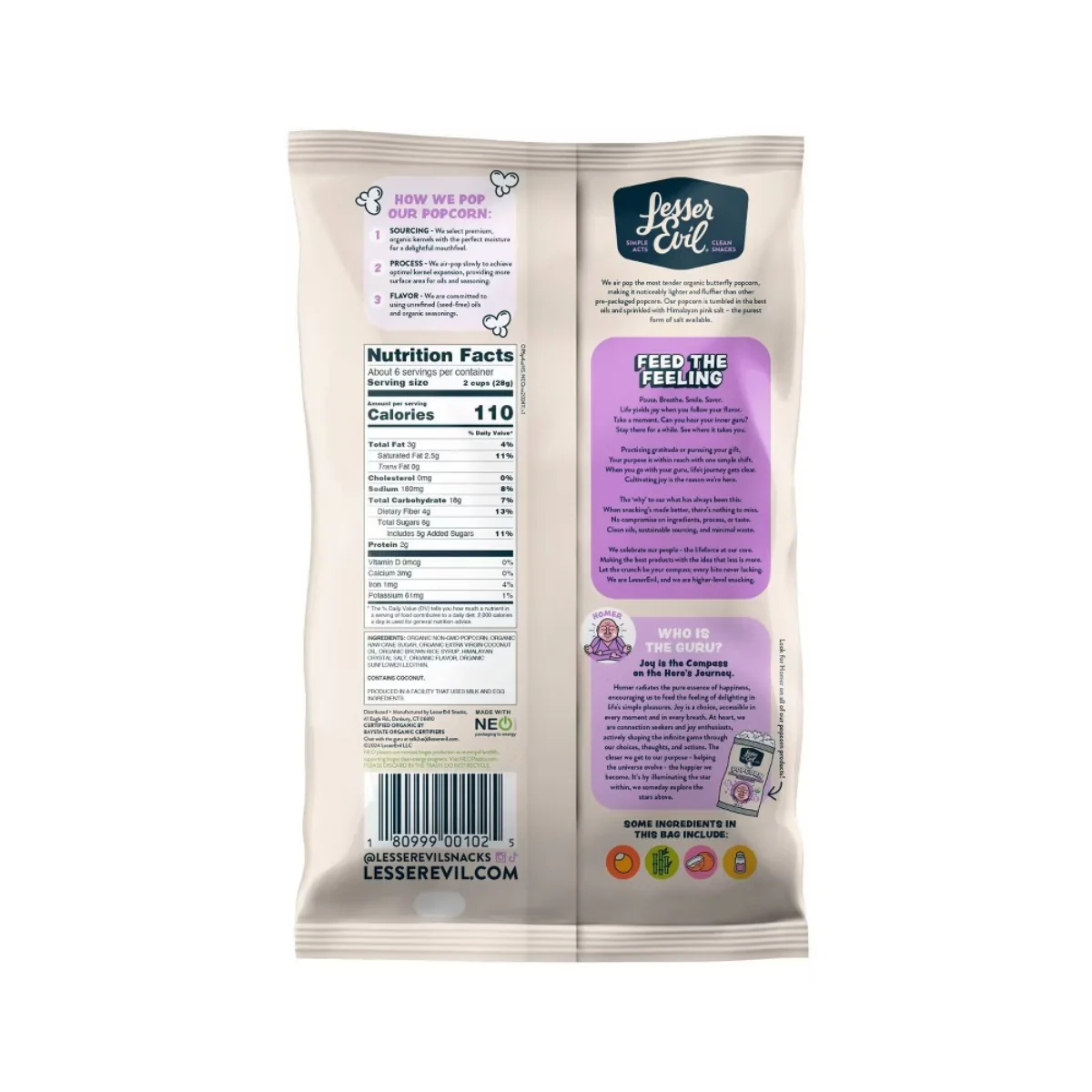 LesserEvil Budda Bowl Organic Popcorn Himalayan Sweetness 6.4oz - Image 2