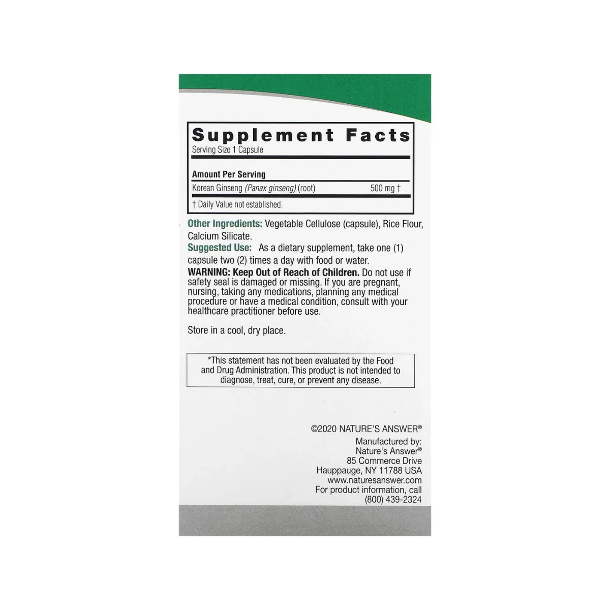 Nature’s Answer Ginseng Root Korean 500mg 50c - Image 2