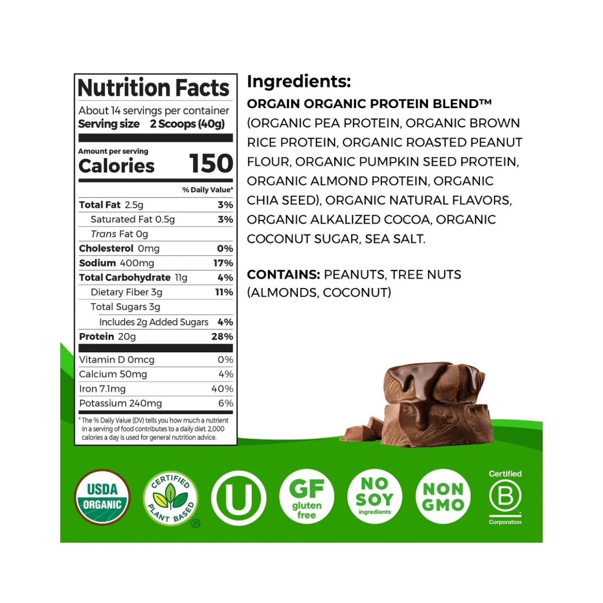 Orgain Organic Simple Ingredient Plant Based Protein Powder Chocolate V 1.25lbs - Image 2