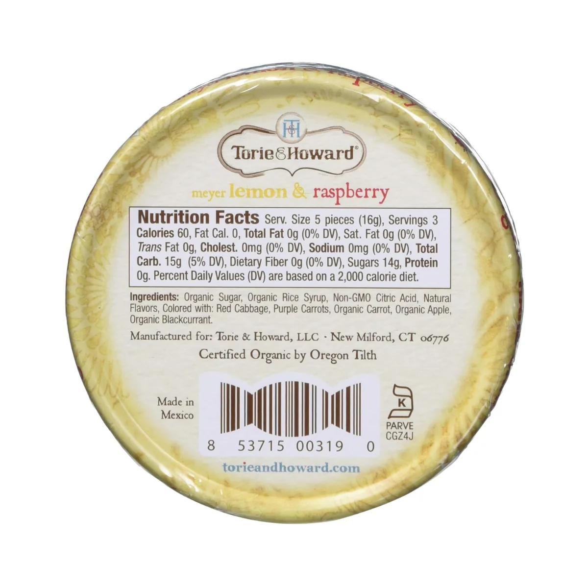 Torie & Howard Organic Hard Candy Meyer Lemon & Raspberry 2oz - Image 2