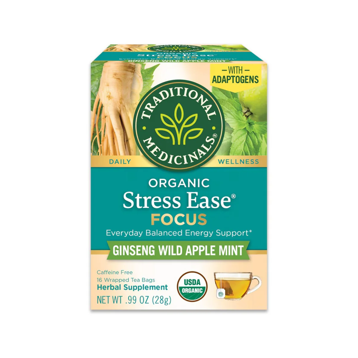 Traditional Medicinals Organic Stress Ease Focus with Adaptogens Ginseng Wild Apple Mint 16c
